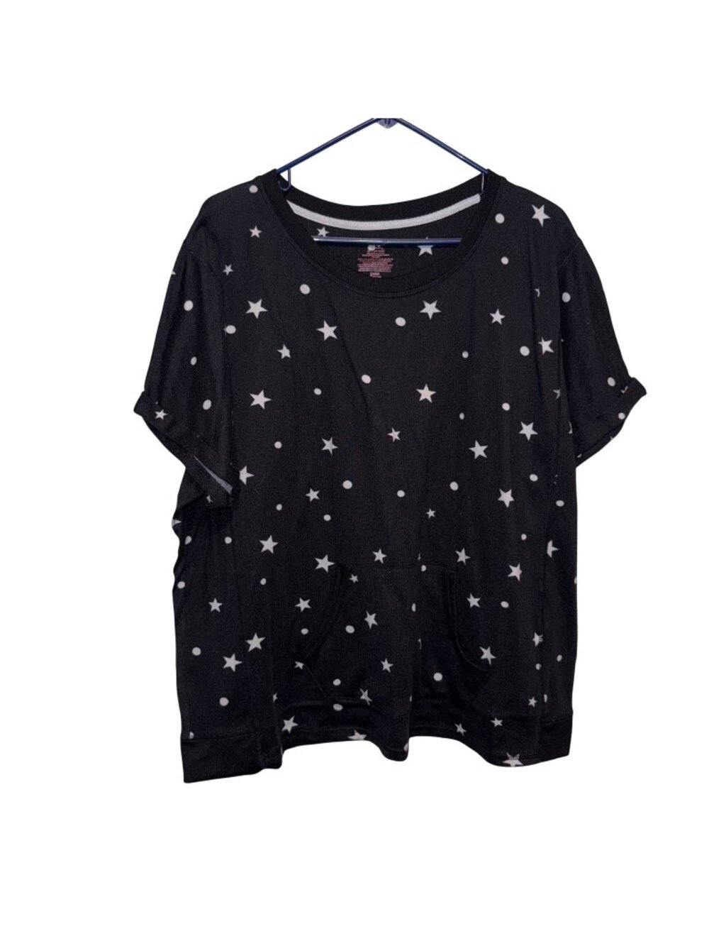 Black Short-Sleeve Star Print Pullover Top With Front Pocket Size 2X